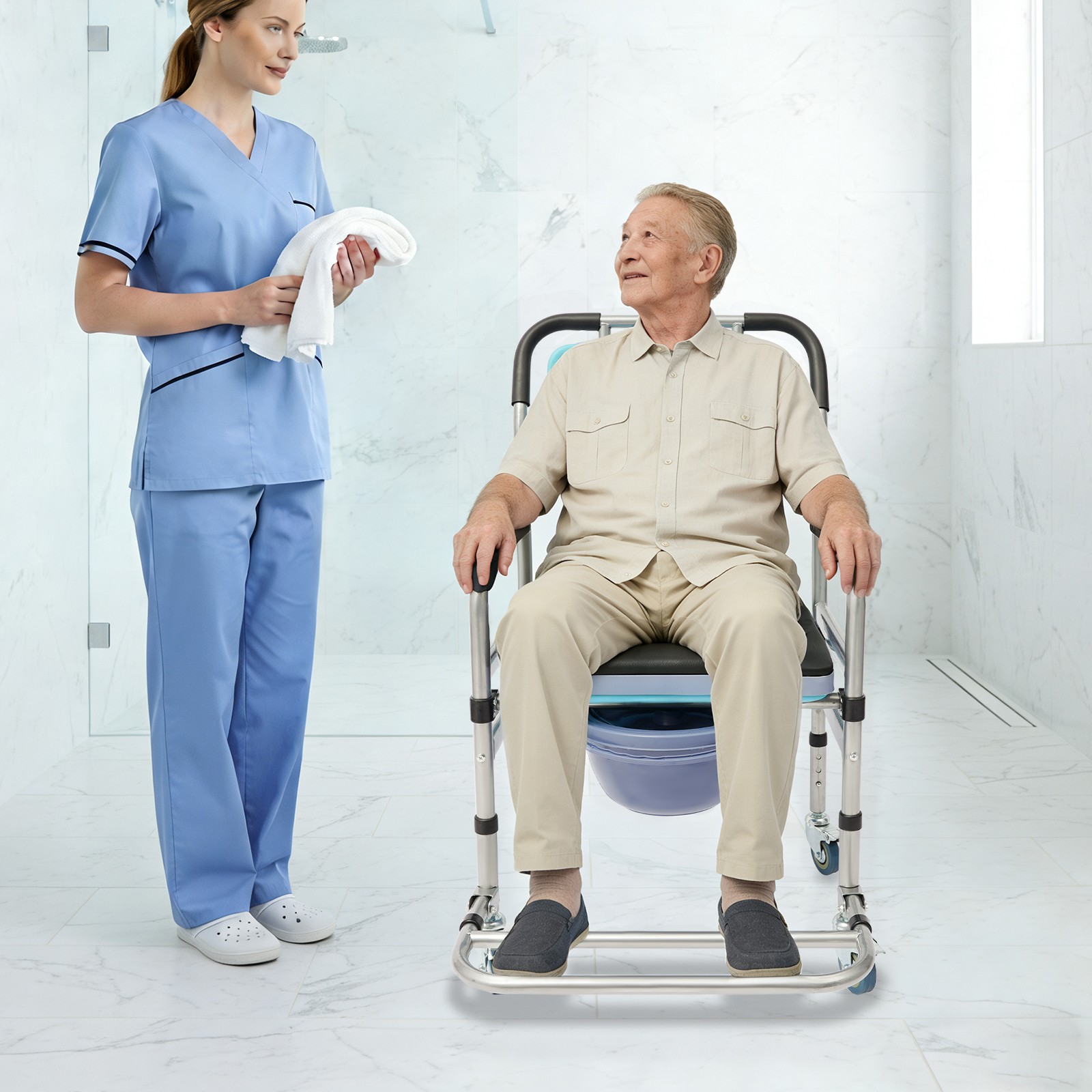 Shower Chair w/Wheels,Toilet Chair for Elderly,Foldable Commode Chair Bathroom
