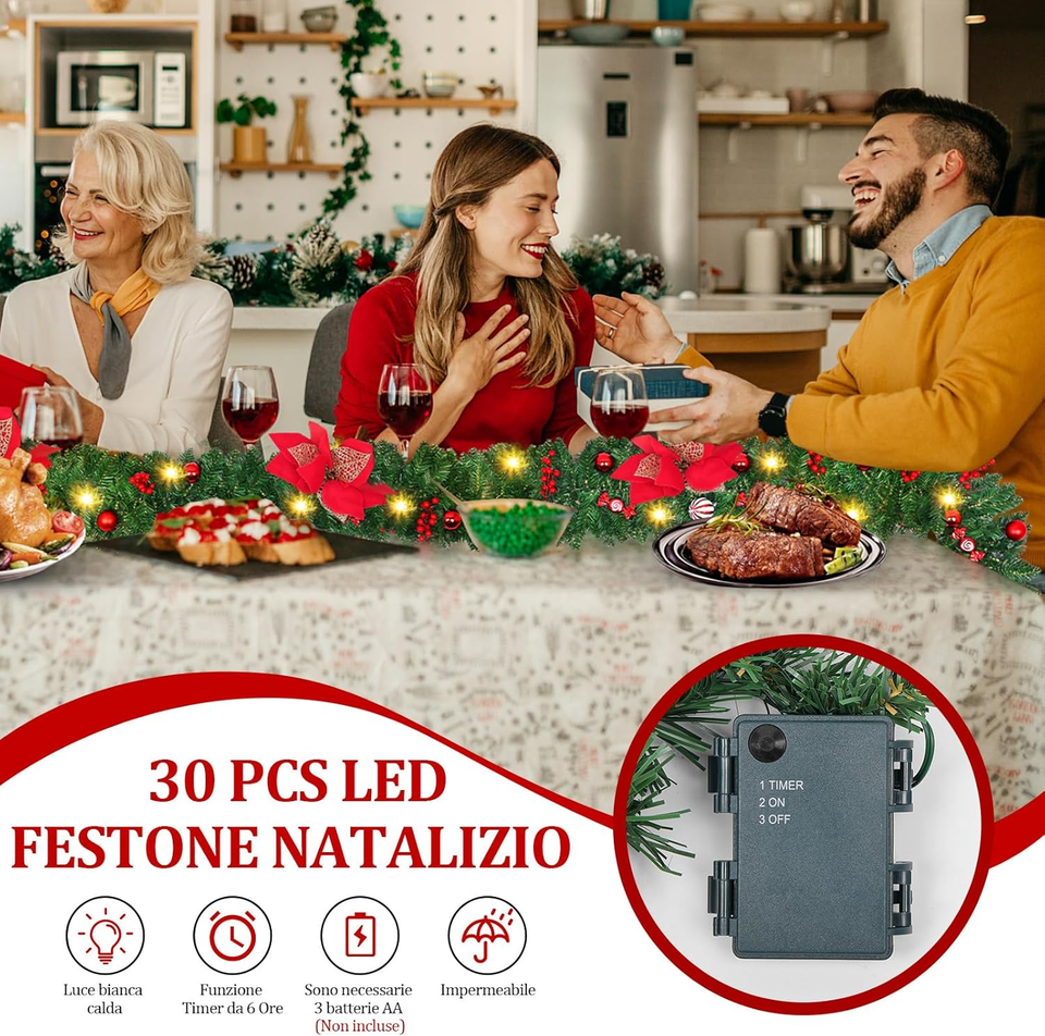 Ghirlanda natalizia a batteria con 8 modalà, pigne, realistica