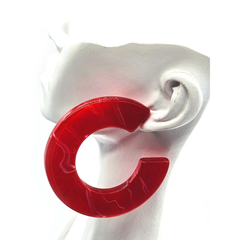 Bold Oversized Red Acrylic Hoop Earrings – Marbled Resin Open Circle Statement E - Image 3 of 4