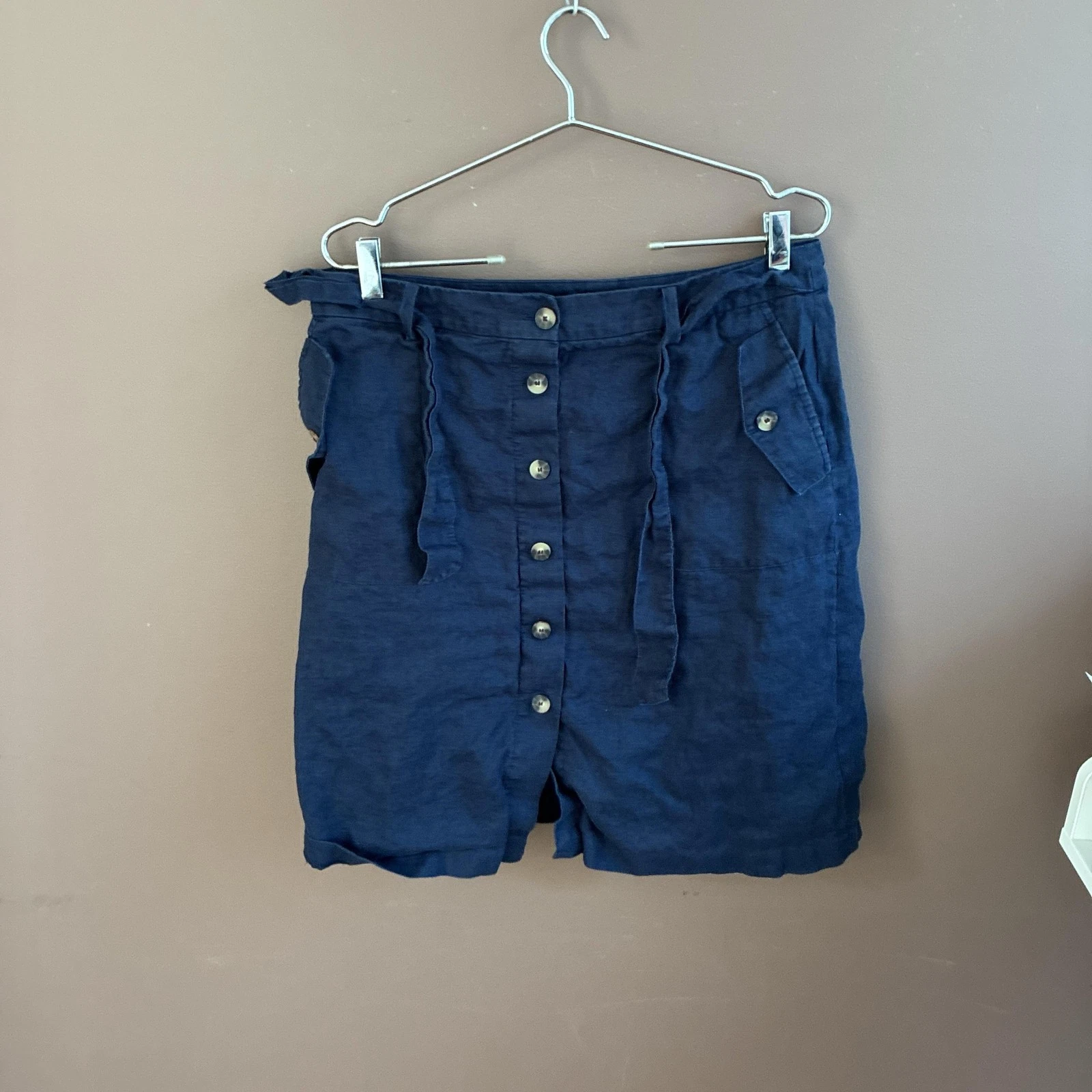 Sportscraft Skirt Womens 12 Blue Linen Button Front Mini Pockets Casual Summer