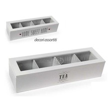 SCATOLA PORTA BUSTINE TEA THE TE TÉ TISANE LEGNO VETRO 4 SCOMPARTI SHABBY
