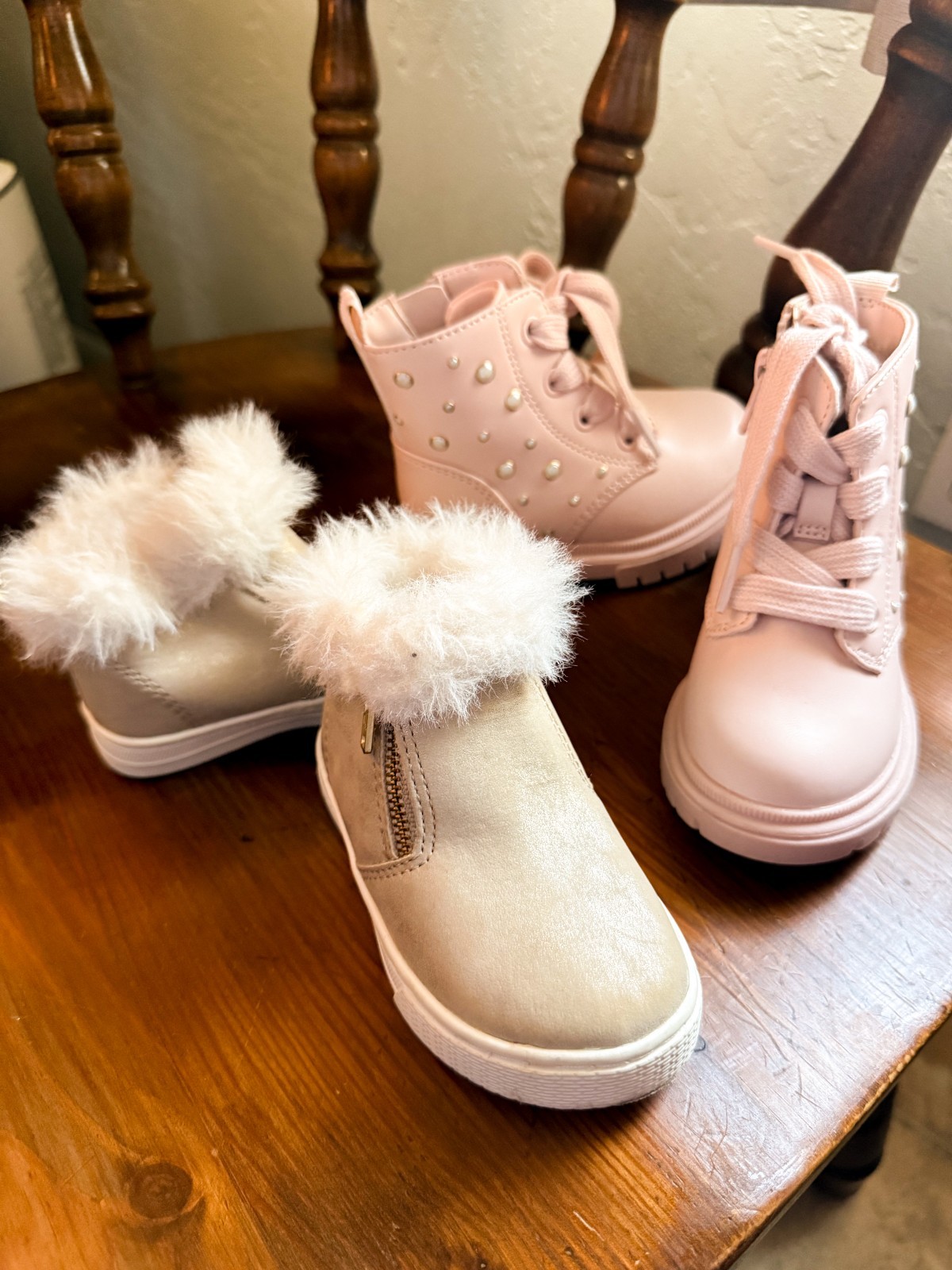 Set of 2 Boots for Toddler Girl Size 5 - Cream Ankle Boots & Pink Lace Up Boots