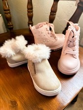 Set of 2 Boots for Toddler Girl Size 5 - Cream Ankle Boots Pink Lace Up Boots