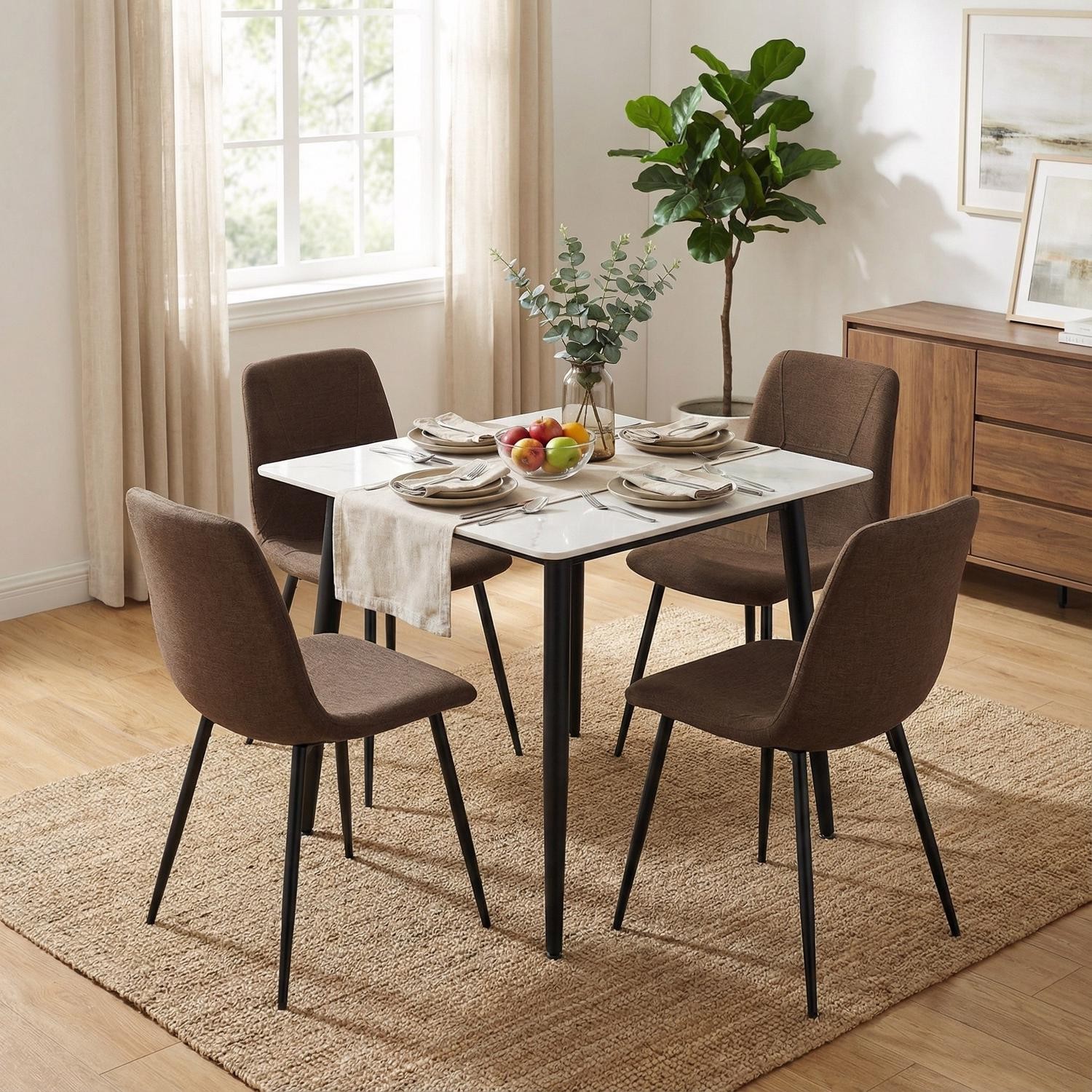 5 Piece Dining Set Cream Sintered Stone Table Dark Brown Chair Sand Blasted Leg