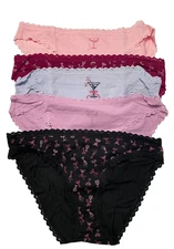 Victoria Secret Bikini Panties 5 Pairs Womens Medium Lace Trim Drinks Themed