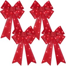 4 Pcs LED Christmas Wreaths Bow 24 x 12 Red Bow Lighted Christmas Tree Topper...