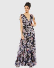 NWT Mac Duggal Size 2 Black Floral Tie Shoulder Chiffon V-Neck Maxi Dress Gown
