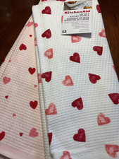 KITCHENAID KITCHEN TOWELS 3 HEARTS RED WHITE HEARTS 100 COTTON 16 X 28 NIP