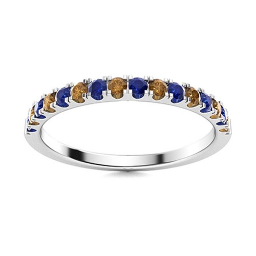 Natural Smoky Quartz & Blue Sapphire 2MM Round 925 Sterling Silver Eternity Ring