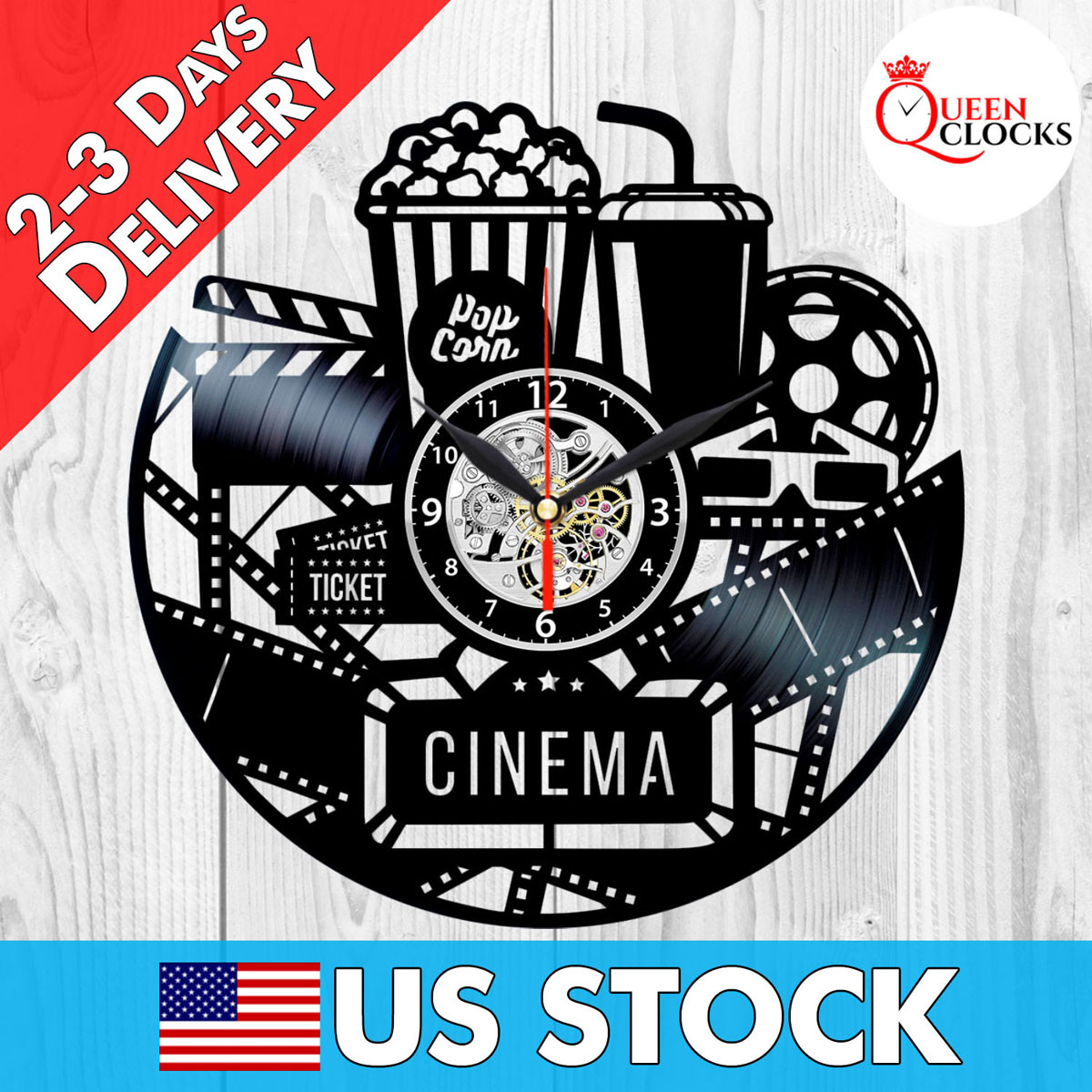 Cinema Vinyl Record Wall Clock Hollywood Film Home Decor Popcorn Movie Room Gift