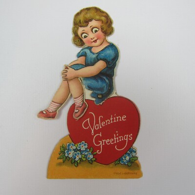 Vintage Valentine Card Mechanical Girl in Blue Dress Sits Red Heart Body Moves