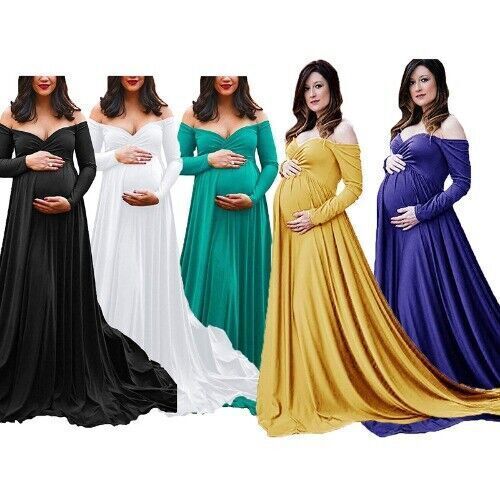 Long Tail Maternity Dresses Photography Props V-Neck Maxi Gown Cotton Pregnant - Picture 2 of 18