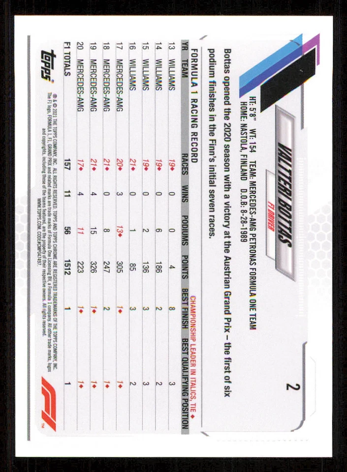 2021 Topps Chrome Formula 1 #2 Valtteri Bottas - Image 2 of 2