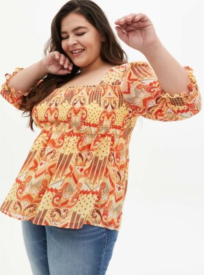 Torrid 3 (3x, 22 - 24)  YELLOW IKAT CHIFFON SMOCKED BABYDOLL TOP New with tag
