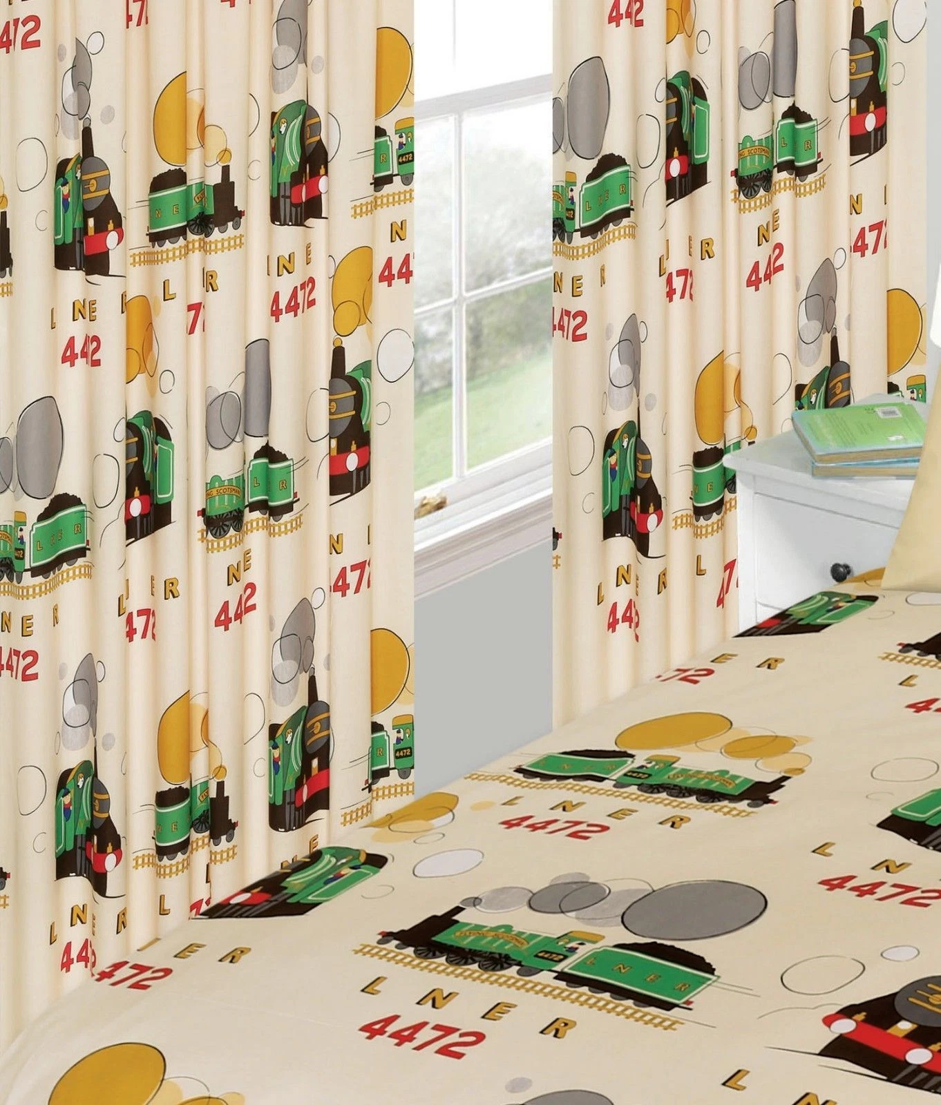 LITTLE FLYING SCOTSMAN 66" x 72" UNLINED PENCIL PLEAT CURTAINS TRAIN CREAM GREEN