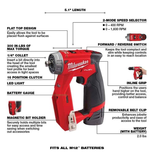 Milwaukee 4-in-1 Installation Drill/Driver Kit 3/8" 12V Li-Ion + (2) Batteries - Picture 3 of 10