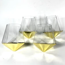 Set of 4 Tumblers Diamond Shape Base Clear w/ Gold Base Whiskey Rocks Glasses