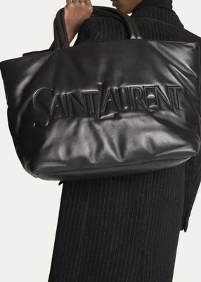 Saint Laurent Black Embossed Logo Puffer Lambskin Leather Tote Bag