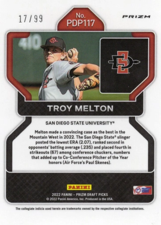 Troy Melton /99 2022 Panini Prizm Draft Picks Tiger Stripes Color Match #PDP117 - Image 2 of 2