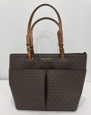 Michael Kors Brown Logo Tote Bag w/ Detachable Strap, Outer Pockets, Gold