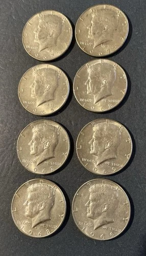 1965-69 Kennedy Half Dollar 40% Silver Circulated, Lot of 8 uncertified AU