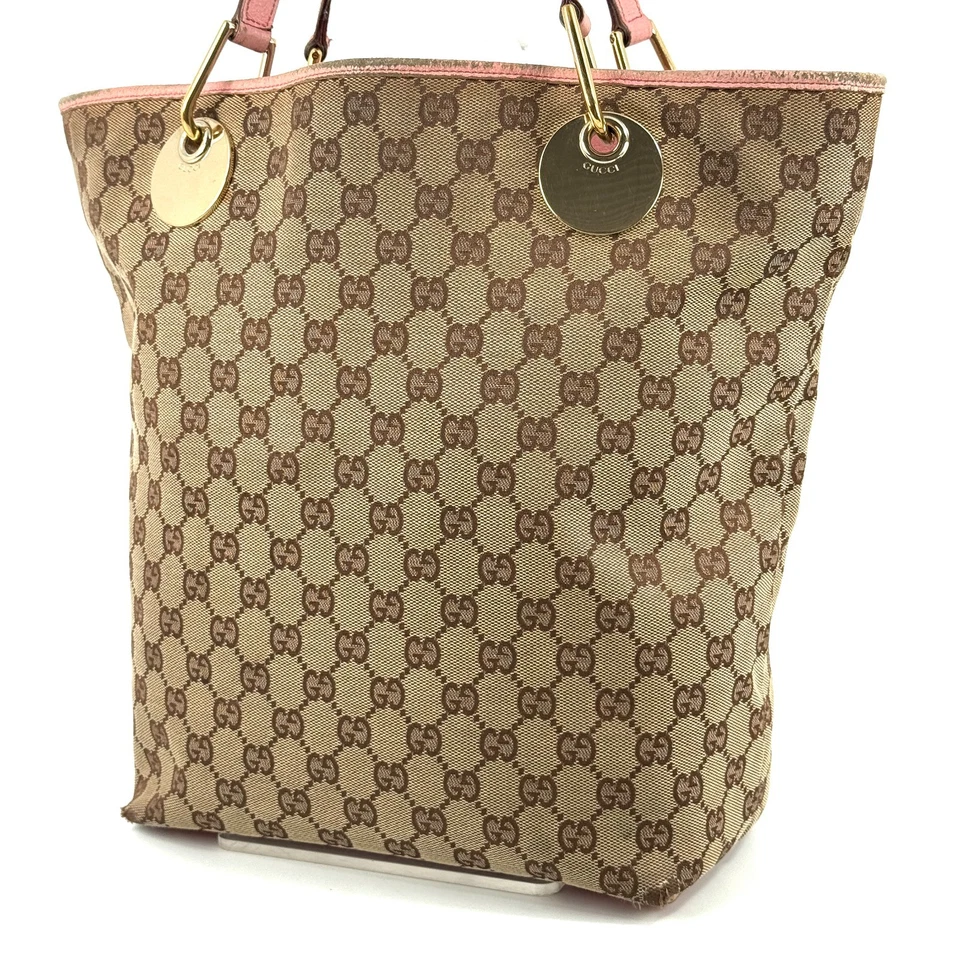 Auténtico bolso de hombro de lona GUCCI GG beige dorado cuero rosa Foto 3 de 4