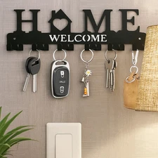 Adhesive Wall Key Holder - 12 Hooks 2 Ways Mount Black Metal Key Organizer