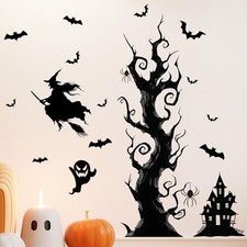 Halloween Wall Decals,Peel and Stick Haunted House Creepy Tree Bats Wall Decals