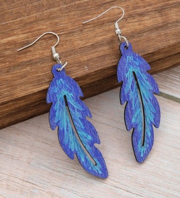 Blue Wood Feather Drop Earrings Hollow Cut Leaf Pattern Boho Hook Dangle Earring