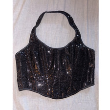 Women s Black Solid Sequin Halter Corset Top, Size M, Lace-Up Closure
