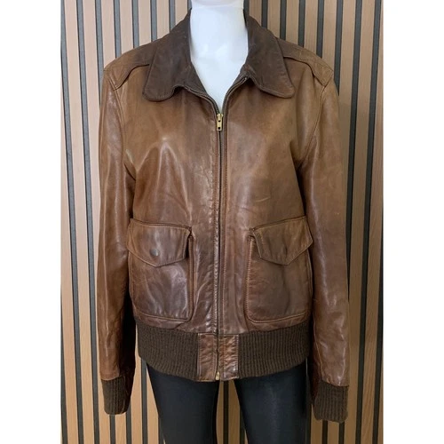 Overland Sheepskin Co. Men's Leather Bomber Flight Jacket Brown Size 42 - product listing photo