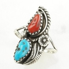 Native American Turquoise Coral Floral Sterling Silver Ring Size 6 1/4