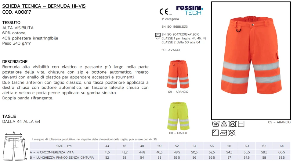 ROSSINI Bermuda Pantaloncini Alta Visibilità Multitasche Rifrangente Uomo A00817 - Immagine 2 di 2