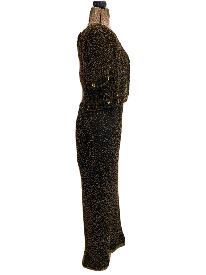 Vintage Papell Boutique Evening Silk Beaded Gown 10 Short Sleeve Long Dress - Image 2 of 4