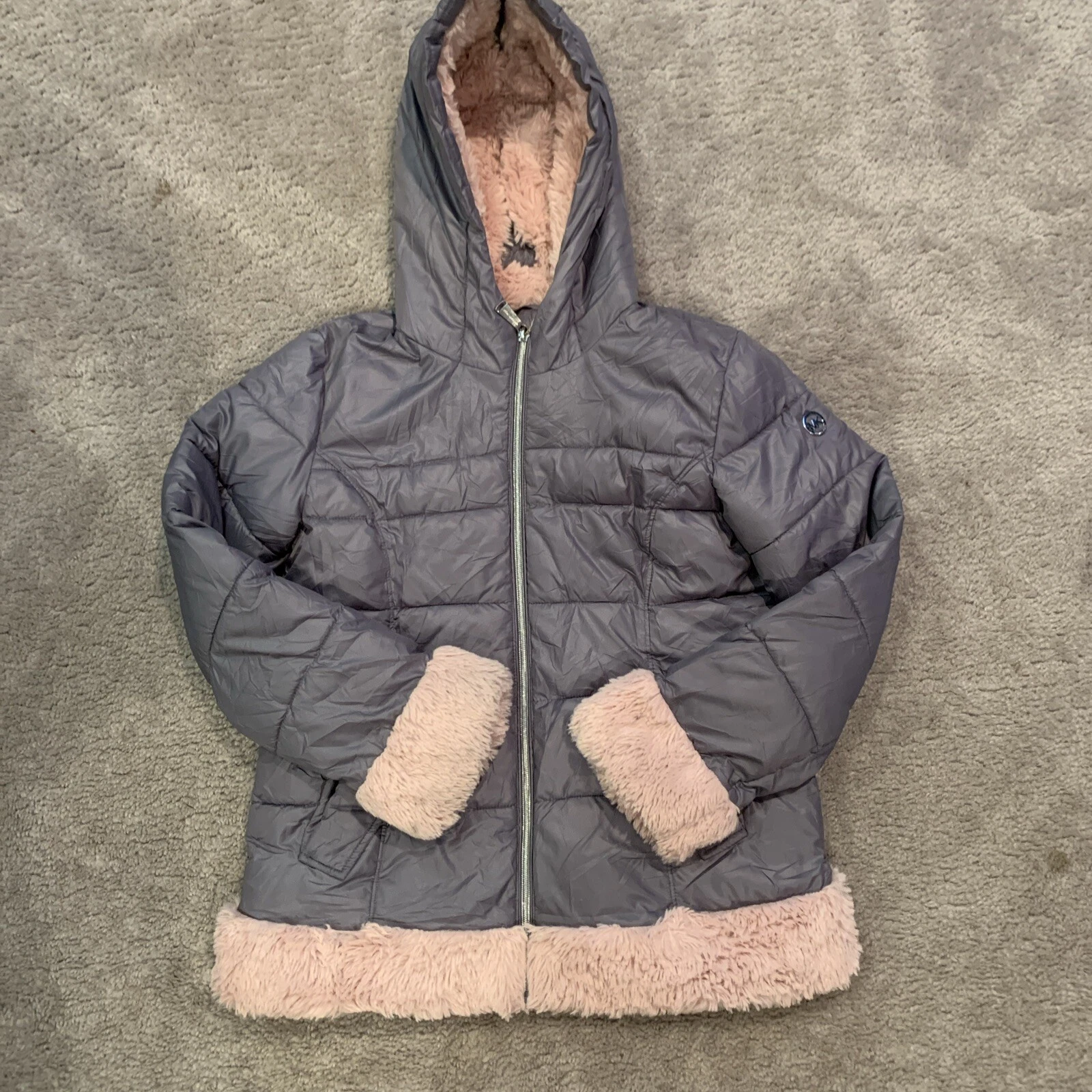 Cappotto imbottito invernale grigio Michael Kors bambina con cappuccio orlo pelliccia sintetica rosa taglia 14