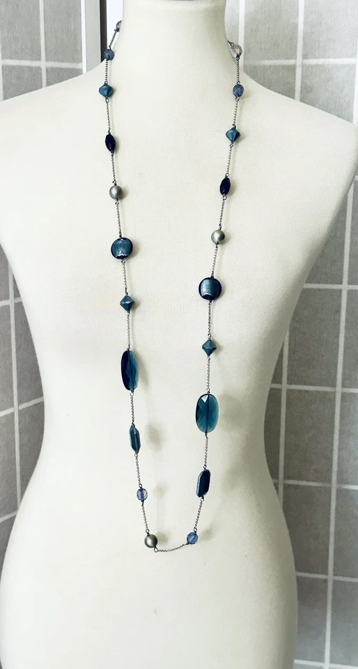 Lia Sophia “Voyage” Long Necklace with Blue/Gray/Purple Glass & Resin Beads 47” - Image 4 of 4