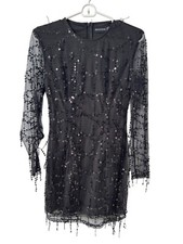 Pretty Little Thing Sequin Detail Long Sleeve Mini Dress Size 6 Sheer Mesh Party