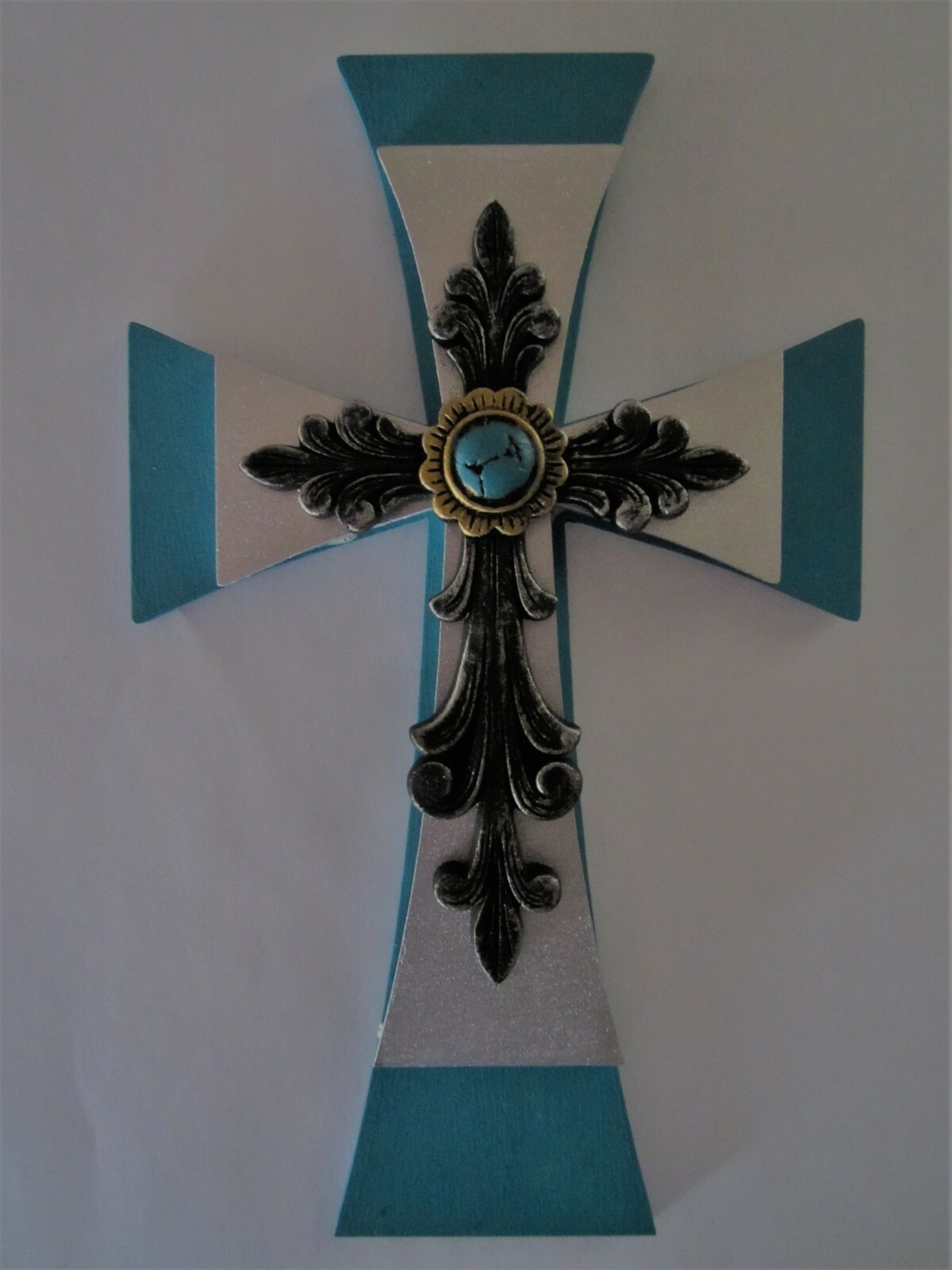  3 LAYER CROSS, TURQUOISE PAINTED WOOD W/ ELEGANT CROSS ON TOP  -  8"X5' NEW