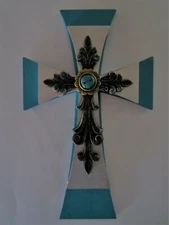  3 LAYER CROSS, TURQUOISE PAINTED WOOD W/ ELEGANT CROSS ON TOP  -  8"X5' NEW