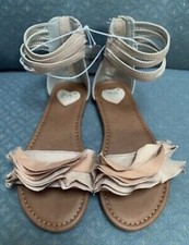 JUSTICE SANDALS SIZE 2 BLUSH SHIMMERING RUFFLES ANKLE STRAPS SUPER CUTE