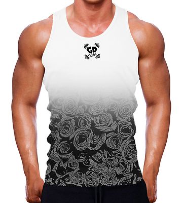 BLACK AND WHITE ROSE FADED TANK TOP MUSCLE FITTED TRAINING WORKOUT MEN GYM WEAR