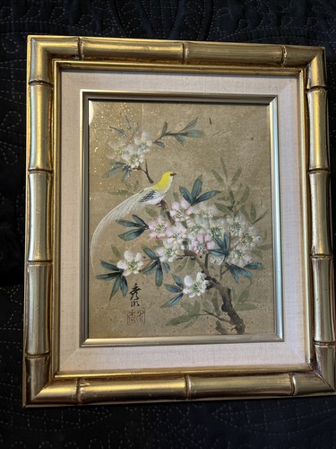 Vintage ~ Chinois ~ Peinture à l'aquarelle ~ Fleurs/oiseau ~ Encadré or faux bambou ~@12"x14 - Photo 1 sur 9