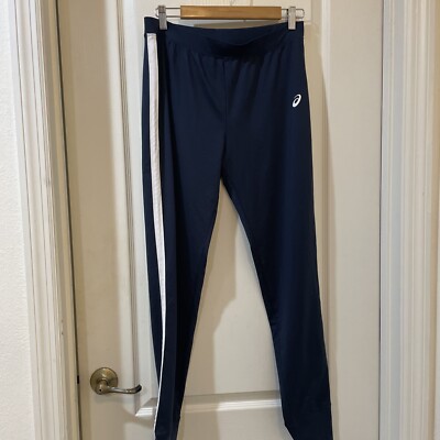Woman s ASICS Stretch Navy Athletic Pants Snaps on ankles Size LT Long