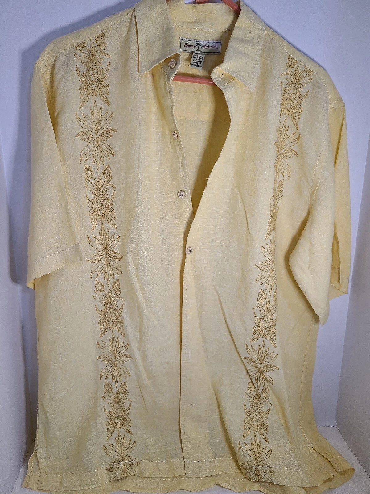 Tommy Bahama 100% Linen Yellow S/S Button Down Casual Shirt - Men's Large L