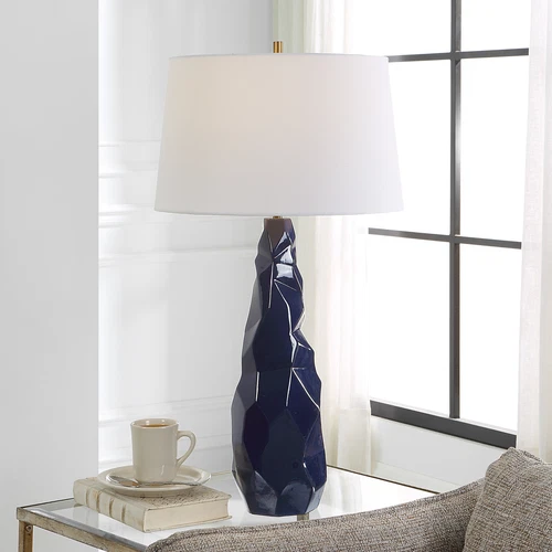 Abstract Faceted Gloss Navy Blue Ceramic Table Lamp 31 in Geometric Crinkle Luxe - Picture 2 of 9