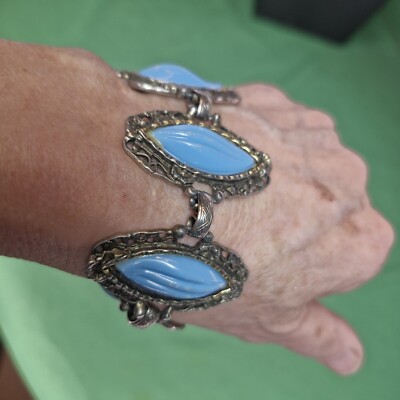 Vtg Silver Tone Blue Carved Cabochon Bead Southwest Style Bracelet 7-8''