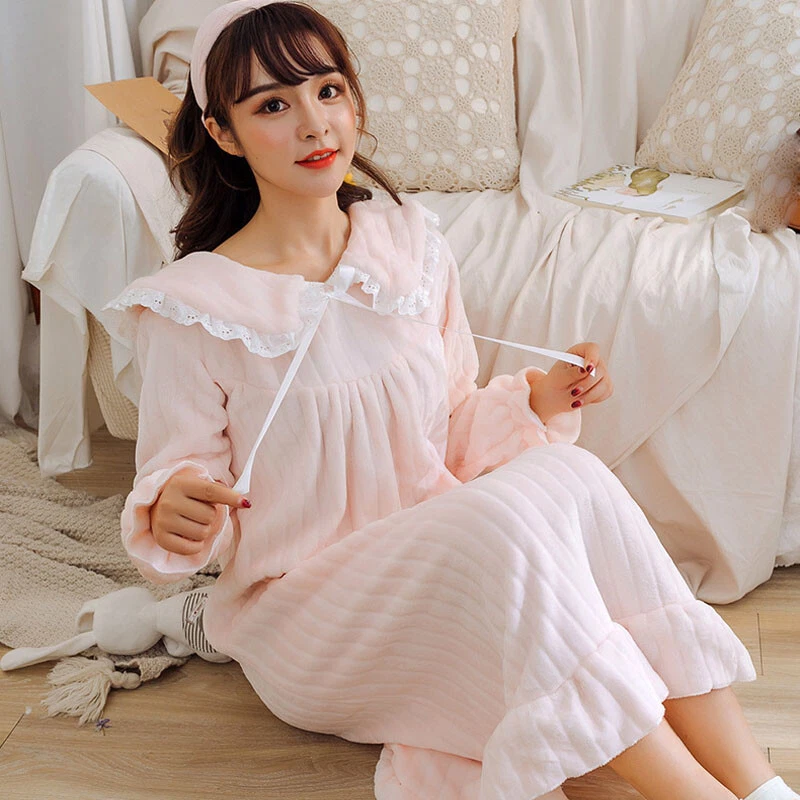 Womens Casual Lapel Coral Fleece Nightdress Girls Lolita Long Sleeves  Nightgown