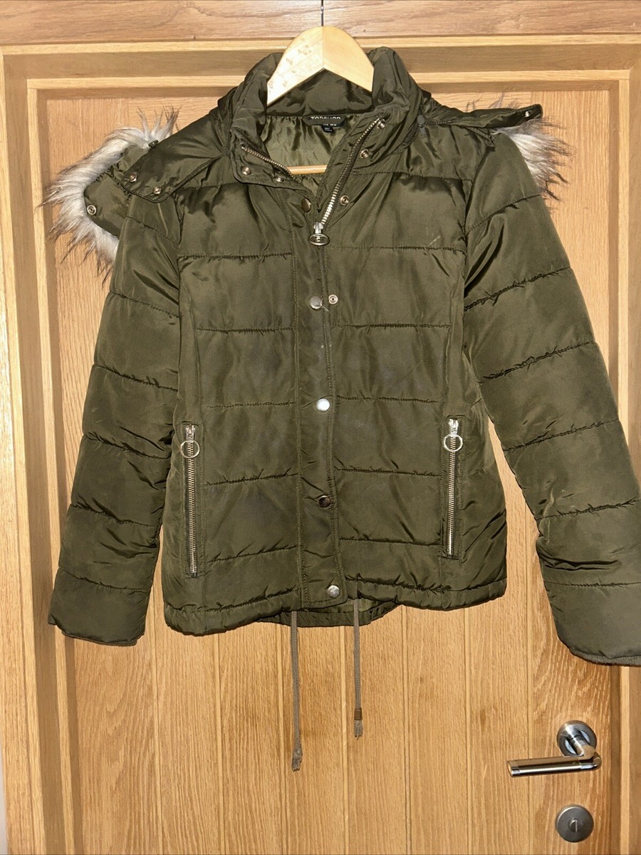 Topshop Khaki Faux Fur Trim Hooded Puffer Coat Size 10 UK