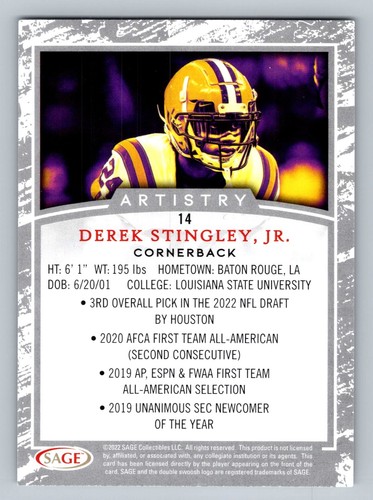 Derek Stingley Jr. LSU Tigers 2022 SAGE Artistry Silver #14 Trading Card - Picture 2 of 2