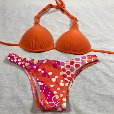 Recco Size Medium Brazilian Orange Bikini Top & Printed Bottom Bikini Set. New
